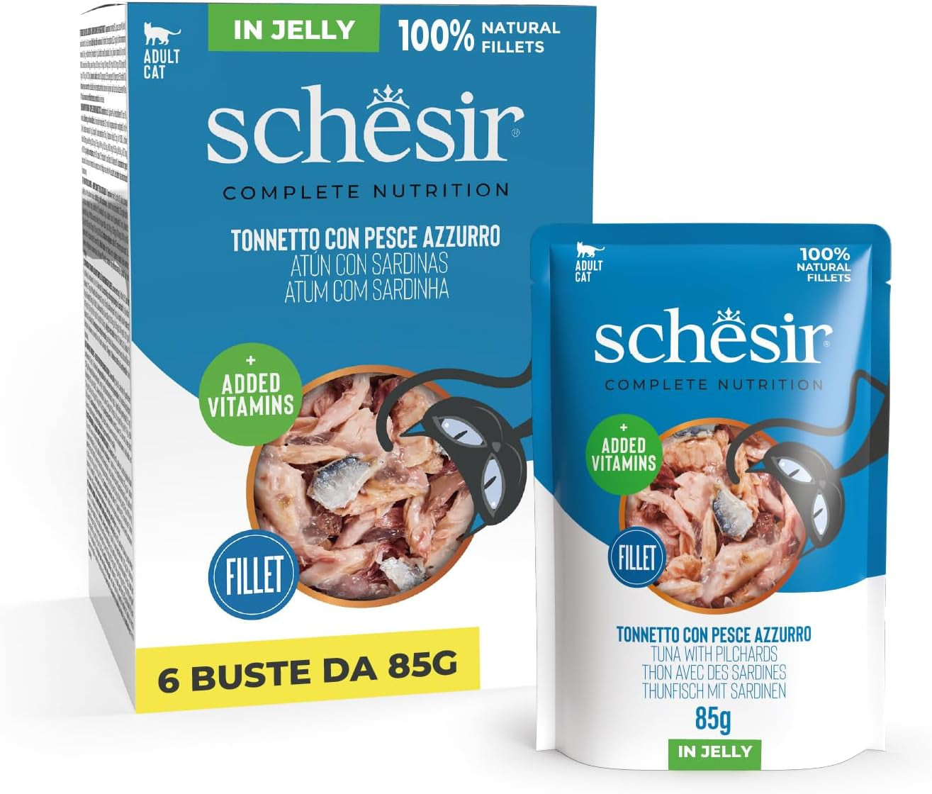 , Atún con pescado azul en gelatina, comida húmeda completa para gatos, en bolsita, con vitaminas adicionales, 100% natural, 6 x 85 g