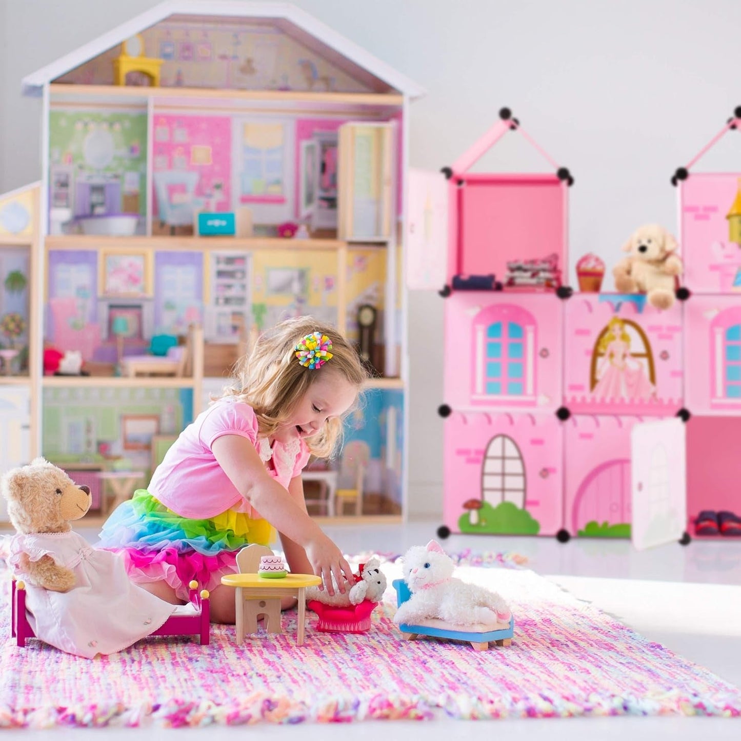 Relaxdays Estantería modular para habitación infantil, diseño Castillo de princesas, plástico, armario para montar con puertas, HL: 128 x 110 x 37 cm, rosa