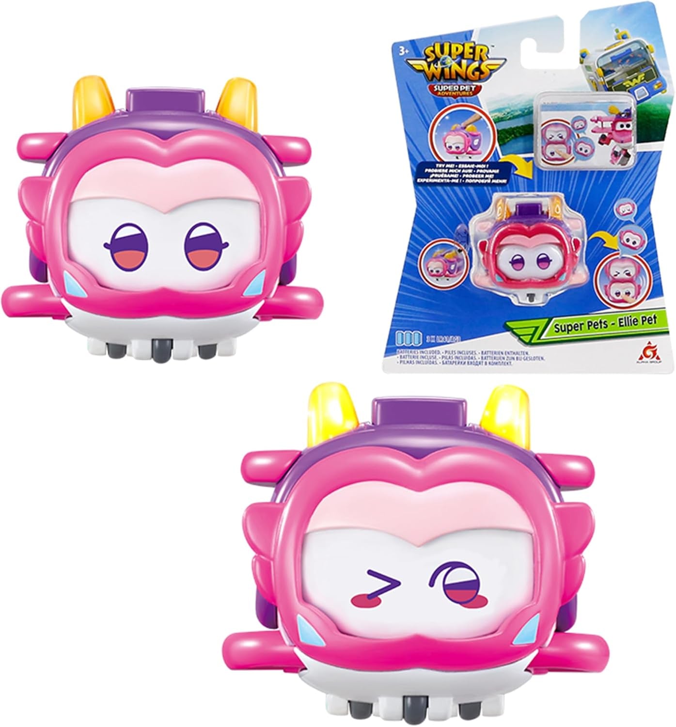 Super Wings Super Pets 4 piezas Shine, Golden Boy, Jerome, Ellie Expresión facial intercambiable Efecto relámpago Juguete portátil para niños de 3 4 5 6 7 8 años Figuras de acción de 2 pulgadas Naty Shop Ellie