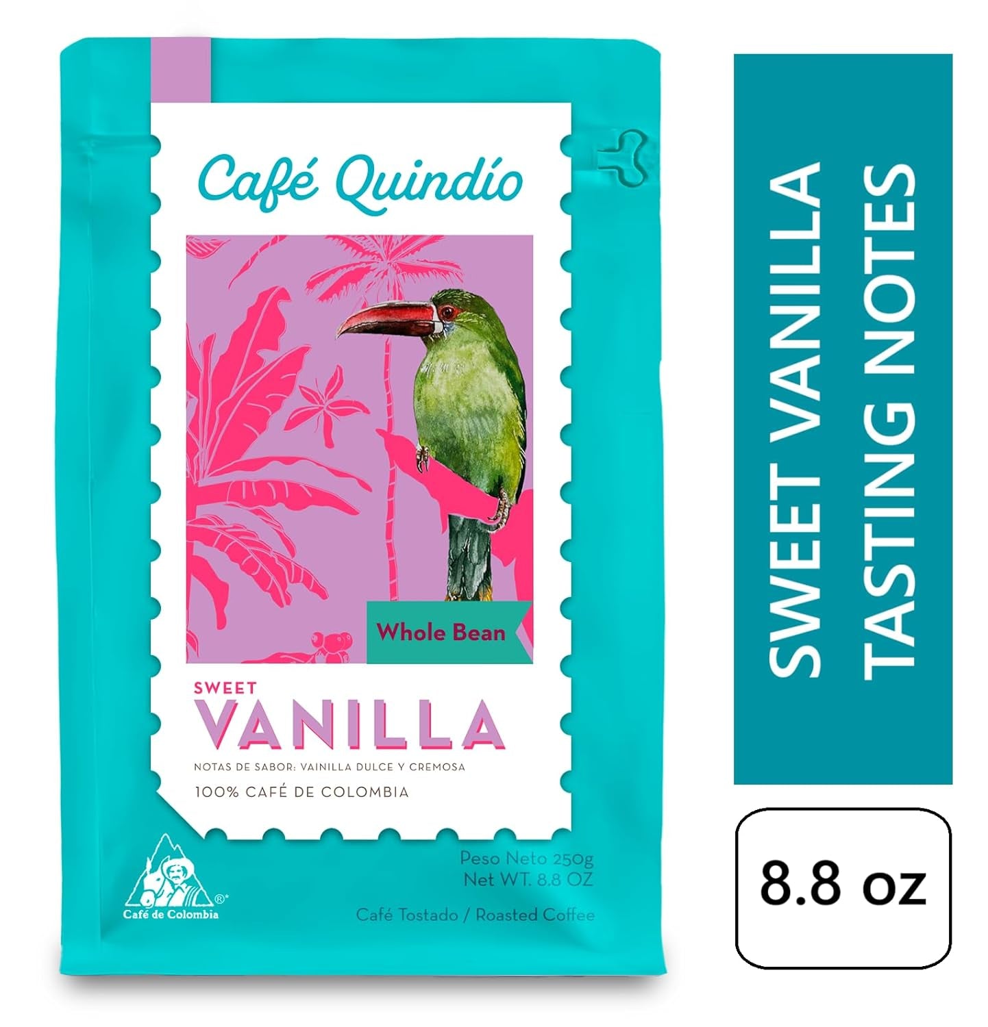 Café de Especialidad Café Quindío - 100% granos de café Arábica, Colombia - con notas naturales de vainilla dulce (250g) - ideal para café filtrado, máquinas portafiltro o prensa francesa