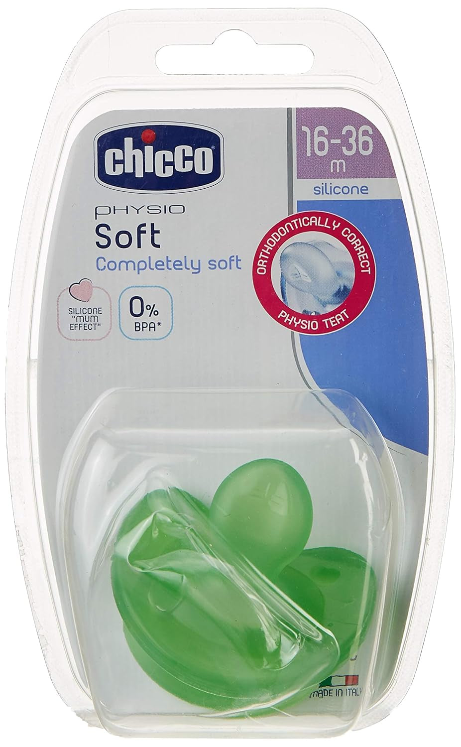 Chupete Chicco "Physio Soft", 12 meses+, silicona, una pieza, colores variados