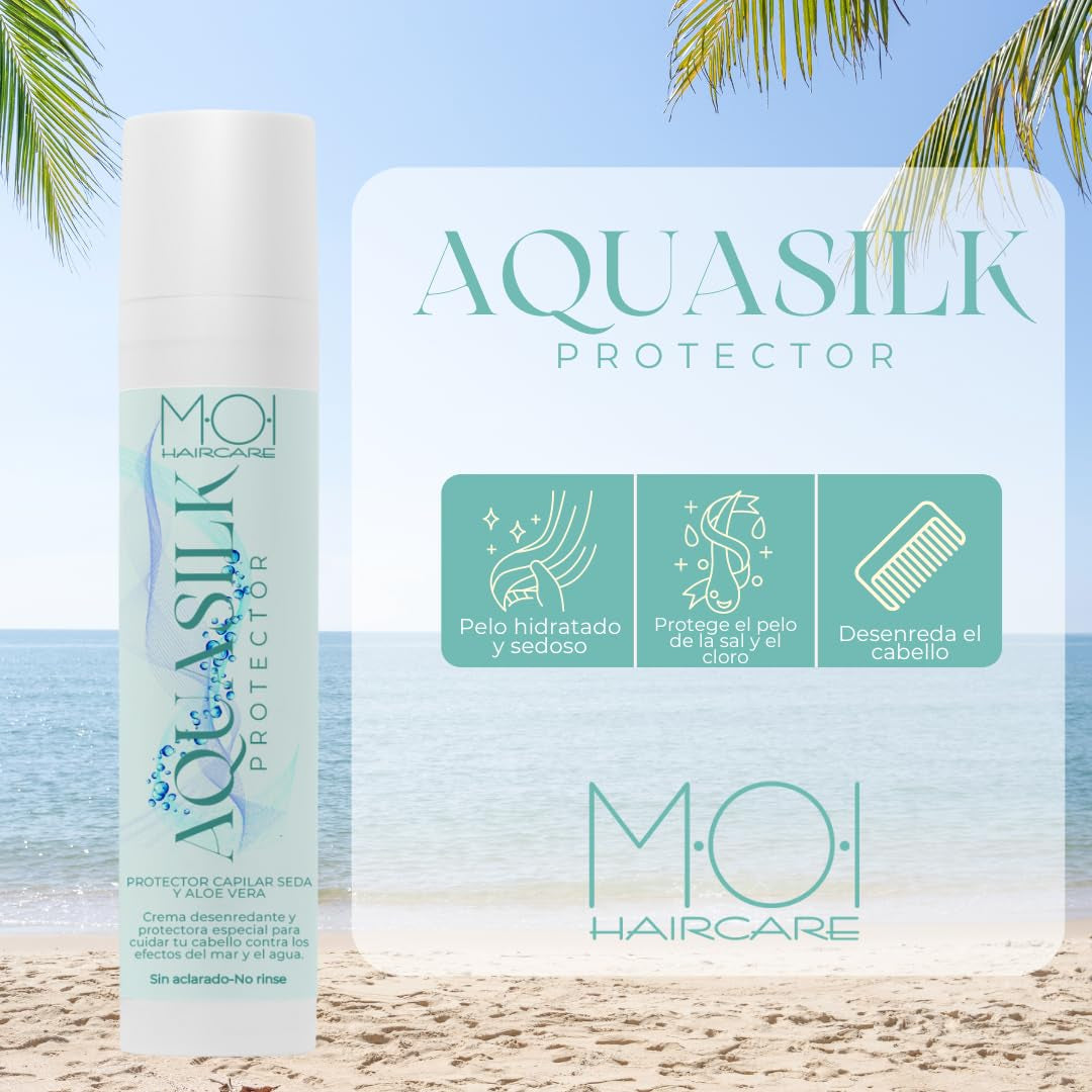 AQUA SILK Crema Capilar para Verano, Protege el Cabello del Mar y del Cloro, Seda y Aloe Vera, M-O-I Haircare | Mascarilla capilar Naty Shop 100 ml