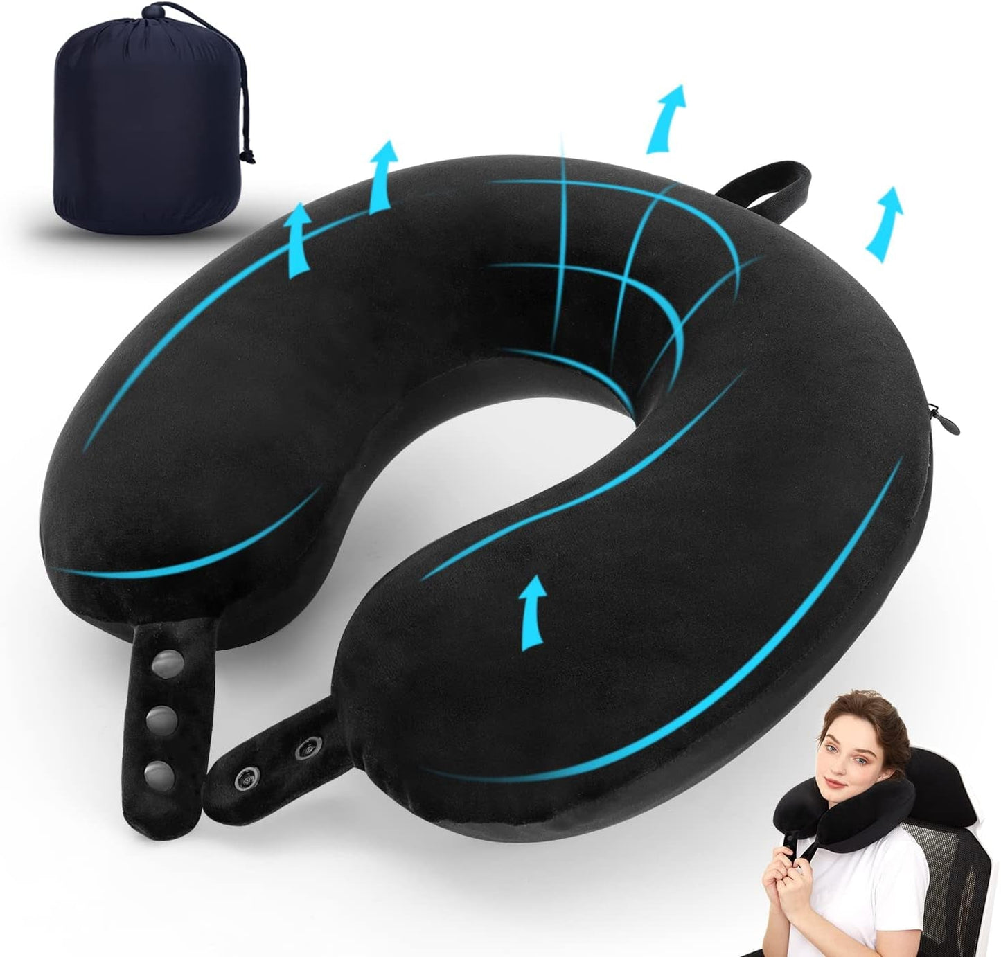 TALLGO Almohada de Viaje para el Cuello, La Mejor Almohada de Avión de Espuma Viscoelástica para Reposacabezas, Almohada Suave Ajustable para Avión, Coche y Hogar, Almohadas Ortopédicas Cervicales Rosa Naty Shop Black Standard