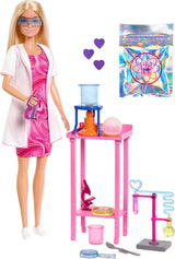 Muñeca científica Barbie y accesorios con moderna muñeca rubia, mesa de laboratorio, microscopio, vaso que cambia de color y placa de Petri, JCR70