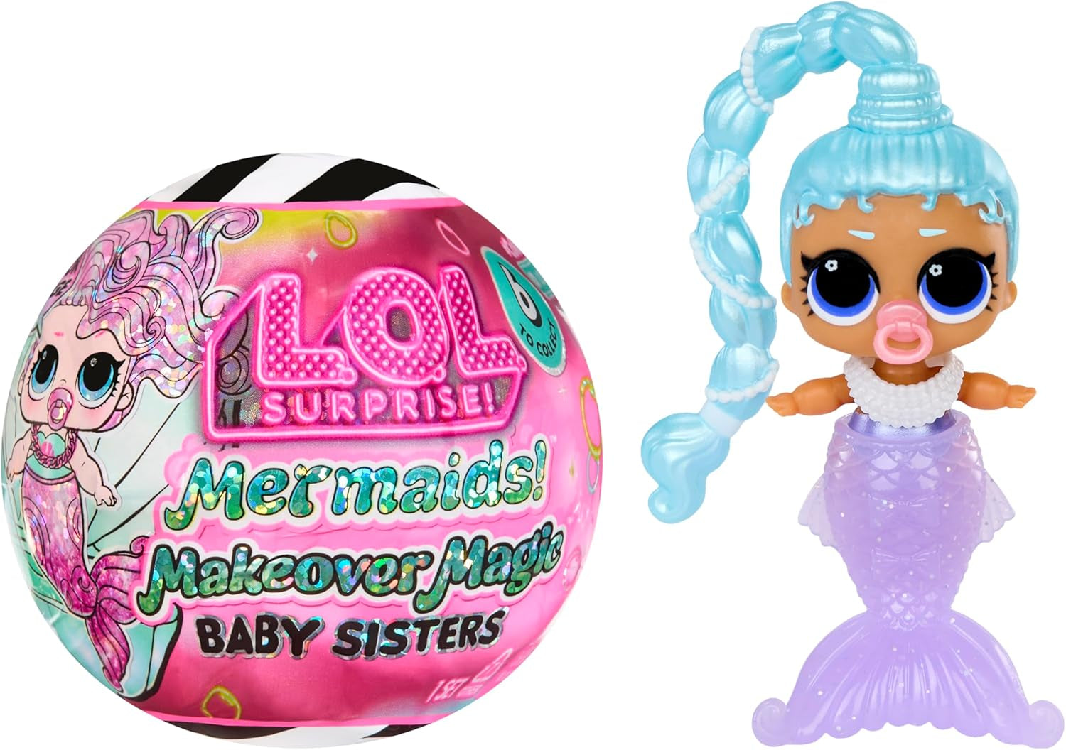Jajaja ¡Sorpresa! Mermaid Makeover Magic Baby Sisters - Cola de sirena que cambia de color con bola de almeja para exhibición, 6 muñecas coleccionables - Edades 4+