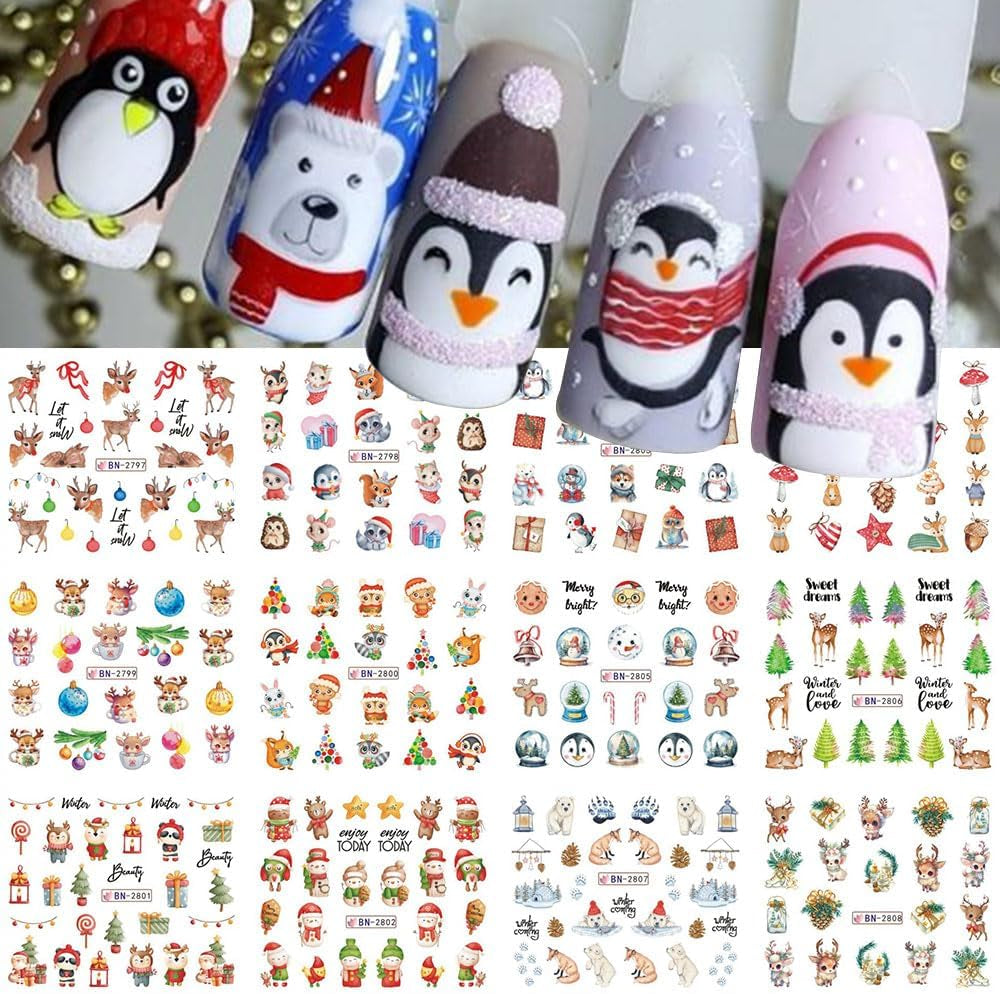 Pegatinas de uñas navideñas 3D, autoadhesivas, transferencia de agua, árbol de Navidad, copo de nieve, alce, pingüino, arte de uñas navideño, diseños de uñas de invierno, pegatinas navideñas, accesorios para uñas
