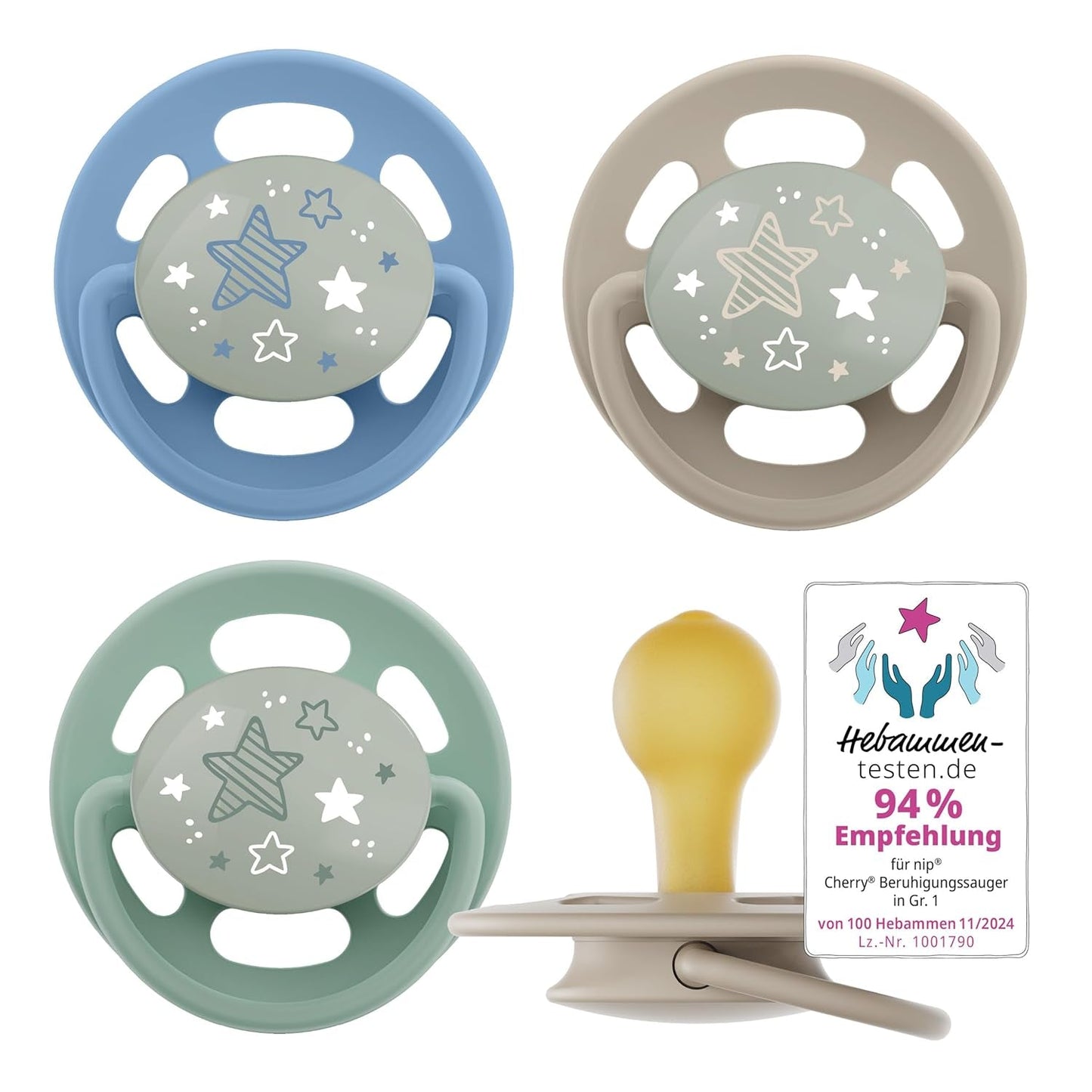 nip - Verde cereza | 0-6 meses | Paquete de 4 | Chupete para bebé, apto para lactancia y dentición. Chupete sostenible, elaborado con materias primas naturales, verde claro/marrón