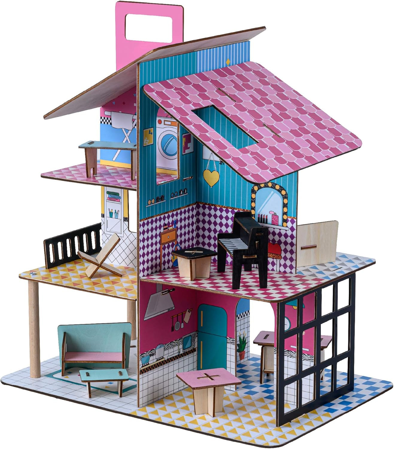 Olivia's Little World 360 Casa de muñecas de madera para niños, muñecas de 3,5" y 12 accesorios, multicolor TD-13260C