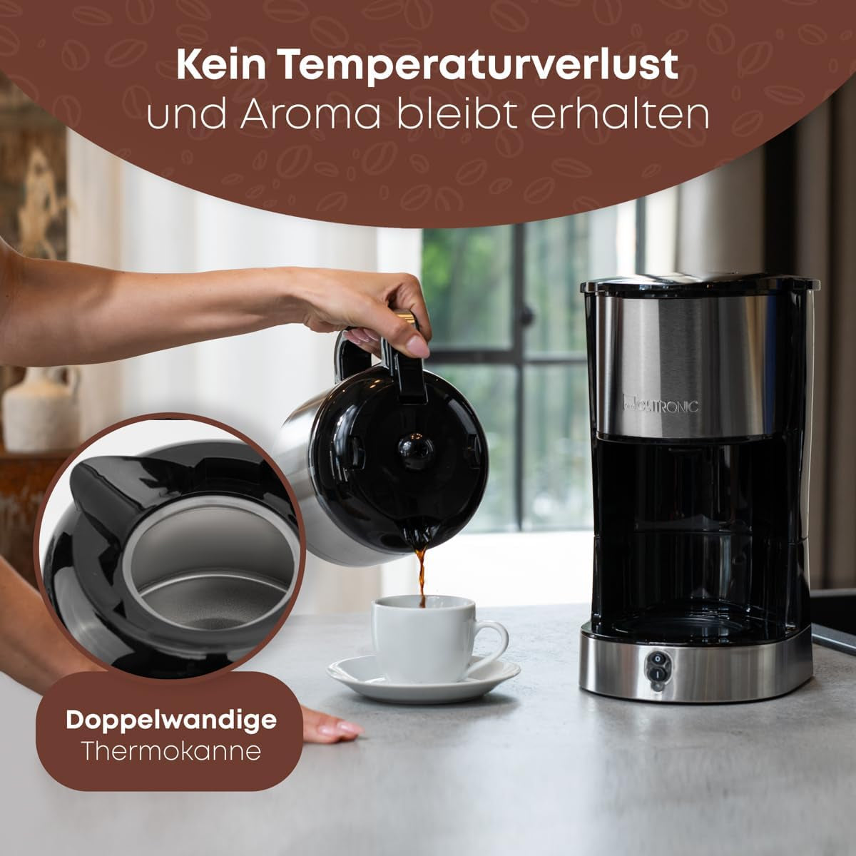Cafetera Clatronic® con jarra termo para 8-10 tazas de café (aprox. 1,2 l) | Cafetera de filtro de acero inoxidable | Jarra Termo de Doble Pared | Sin pérdida de temperatura | Cafetera 800 W | KA 3805