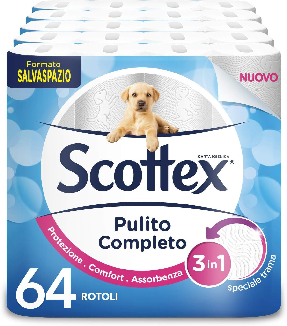 Papel higiénico, limpio, ahorra espacio, 64 rollos.
