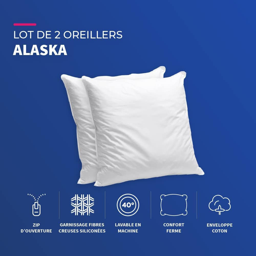 Azul Câlin Juego de 2 Almohadas Confort Firme "Alaska", Súper Relleno, Sobre 100% Percal de Algodón, Blanco, Forma Cuadrada 65 X 65 cm Naty Shop Almohadas Estándar