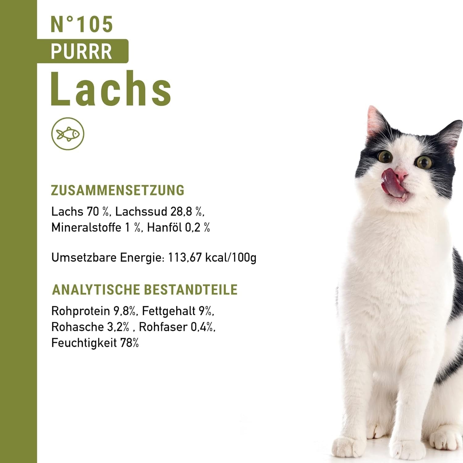 Comida húmeda para gatos Catz Finefood Purrrr con monoproteína y salmón núm. 105, para gatos con digestión sensible, 16 x 80 g