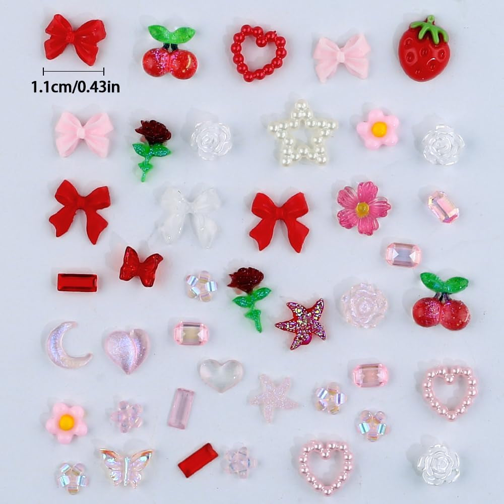 100 Uds. Dijes de uñas 3D Rosa Rot Kirsche Erdbeere Blume Nagel Charms Kamelie Rose Schmetterling Nail Art Charms Flatback Herz Schleife Charms Nägel Zubehör Mond Stern Nagelschmuck Nageldesign Anhänger
