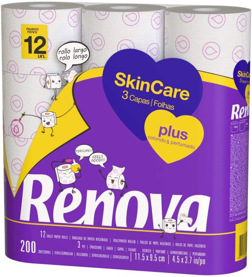 Renova - Papel higiénico Skin Care Plus, Decorado, Perfumado - 12 rollos (Papel higiénico)