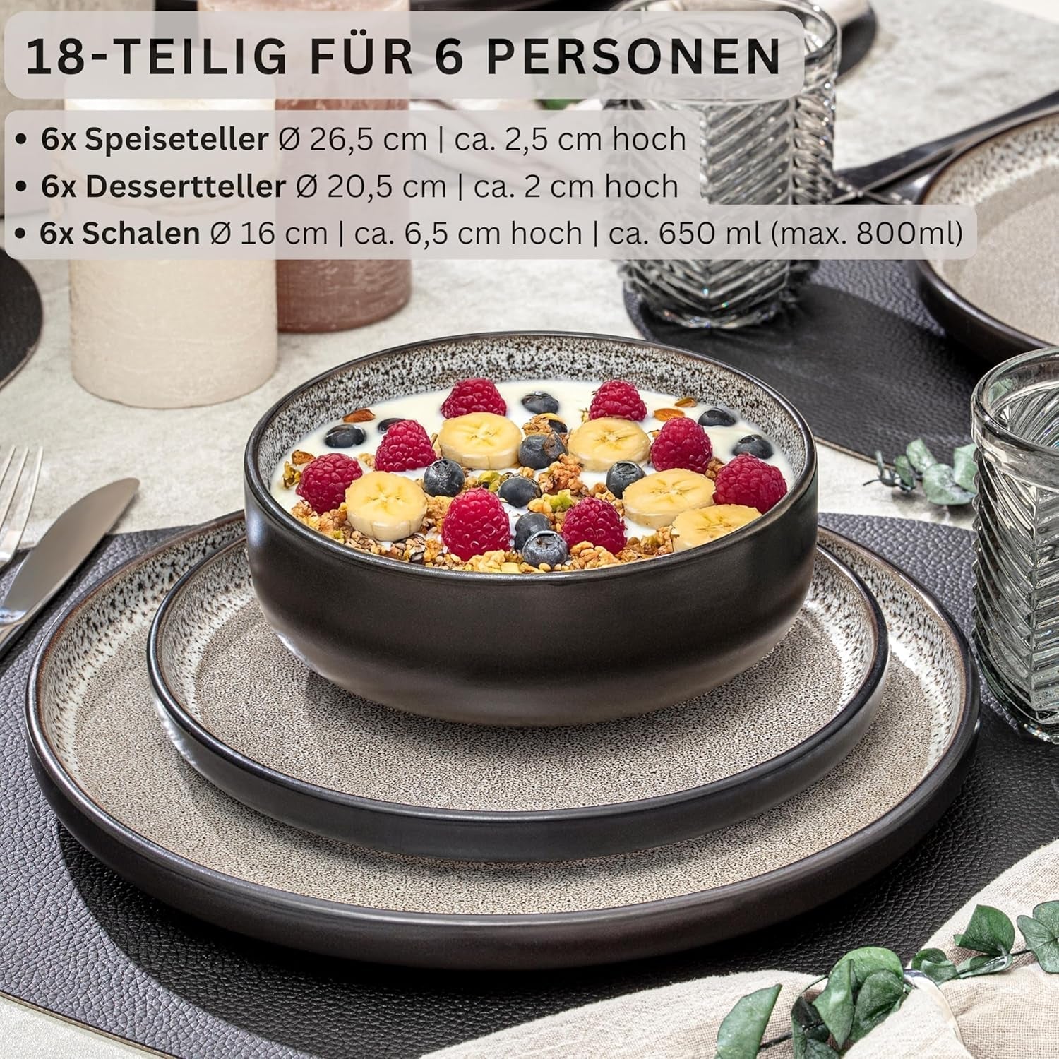 SÄNGER Luxor | Juego de vajilla de gres, 18 piezas, juego de platos para 6, juego de vajilla (6 platos llanos, 6 tazones de cereales, 6 platos de postre), vajilla marrón-beige resistente a los arañazos | LA COLECCIÓN DE VALOR