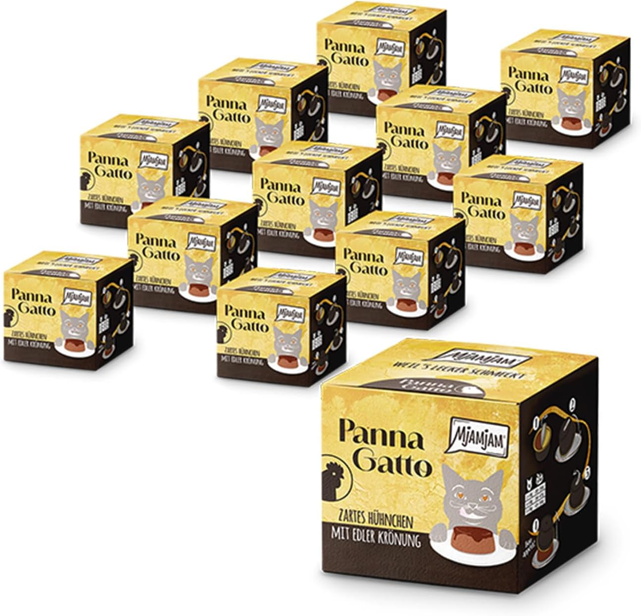 MjAMjAM - Comida húmeda premium para gatos - Panna Gatto - pollo tierno con un aderezo noble, paquete de 12 (2x80 g), sin cereales