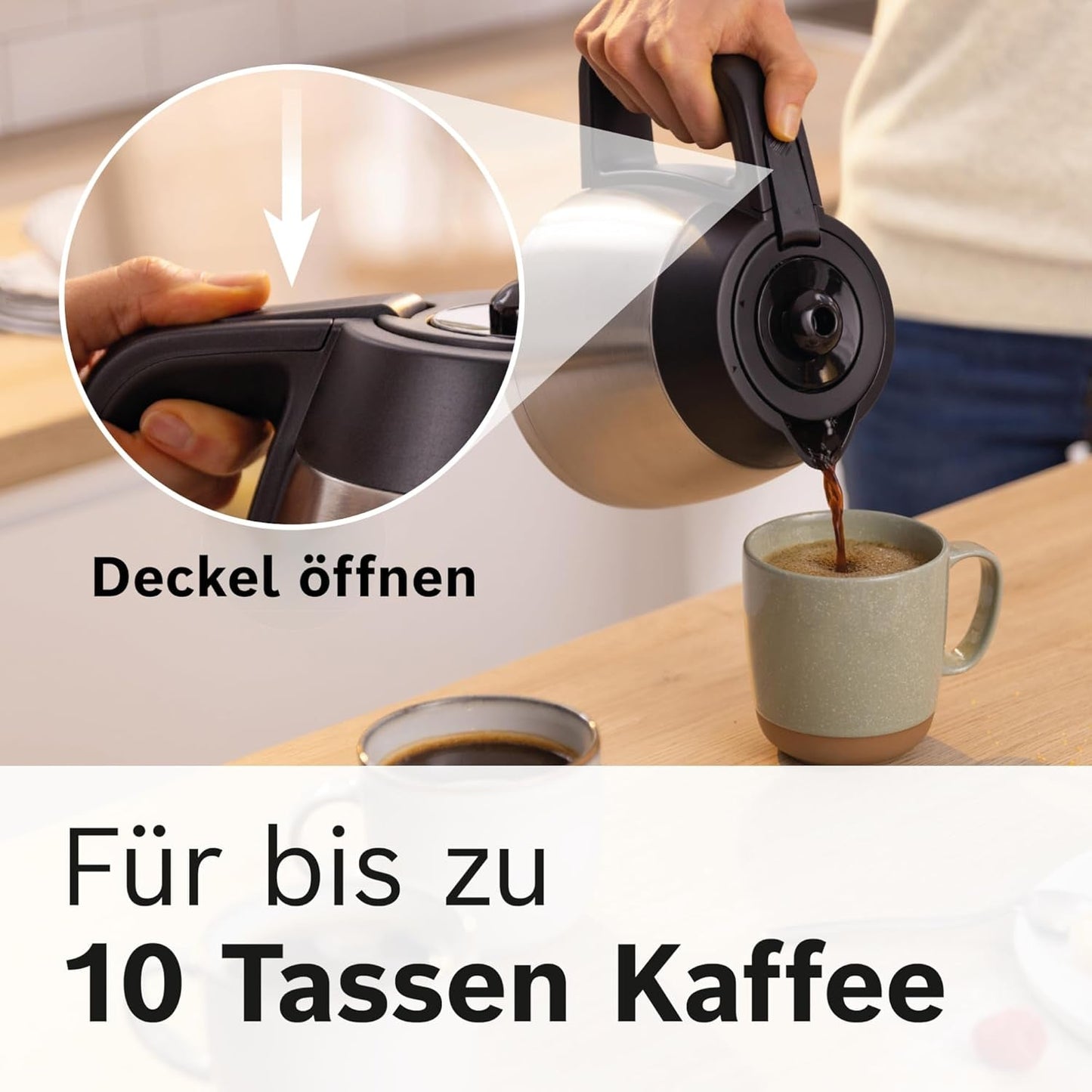 Bosch MyMoment TKA6M273 Cafetera espresso con filtro, jarra térmica de 1 litro, 8-12 tazas, sistema antigoteo, portafiltro giratorio, programa de descalcificación, depósito de agua extraíble, 1200 W, negro mate