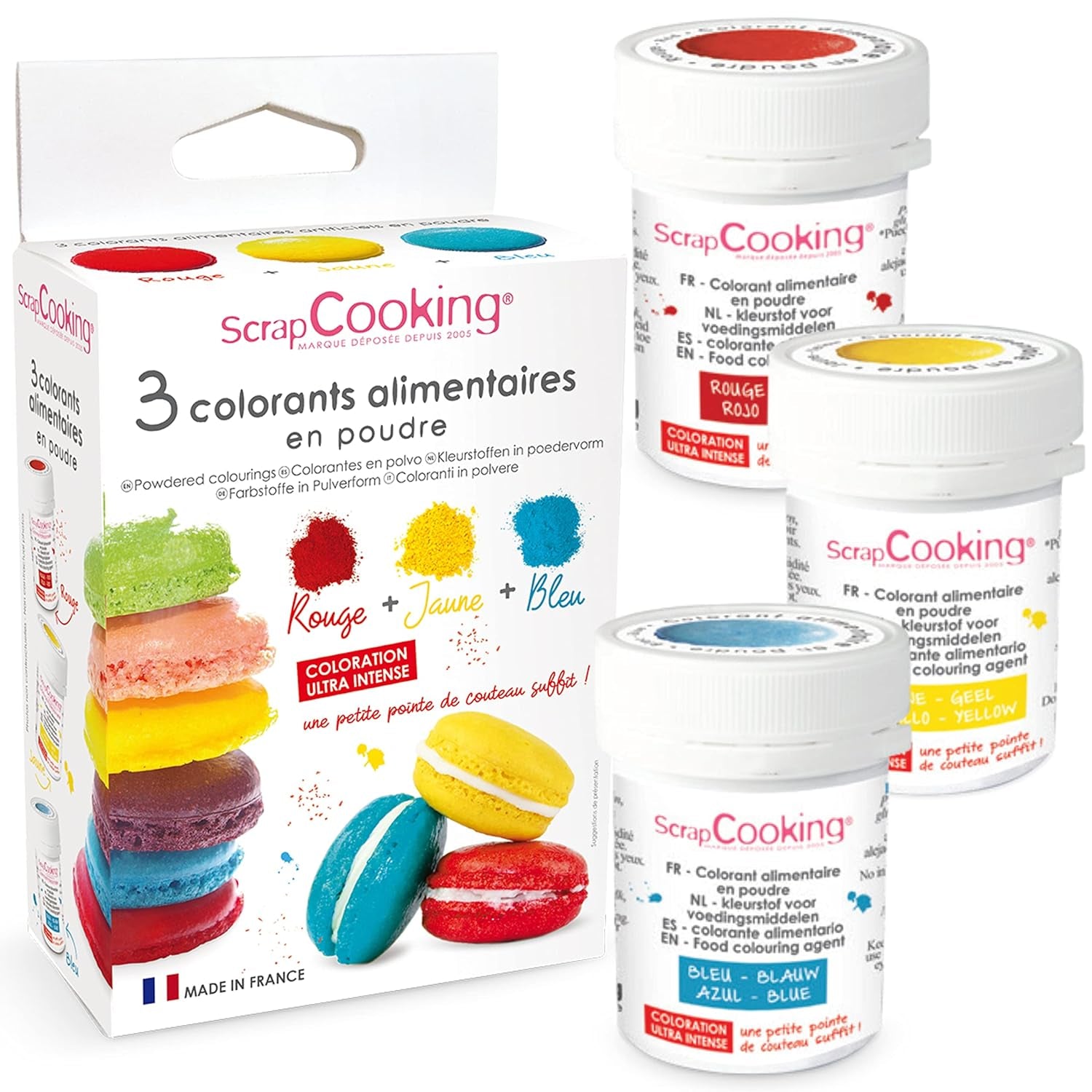 Scrapcooking - Juego de 3 colorantes alimentarios en polvo - Rojo Amarillo Azul - Colorante alimentario para hornear, pasteles, galletas, masa, fondant, pastel arcoíris - 4011