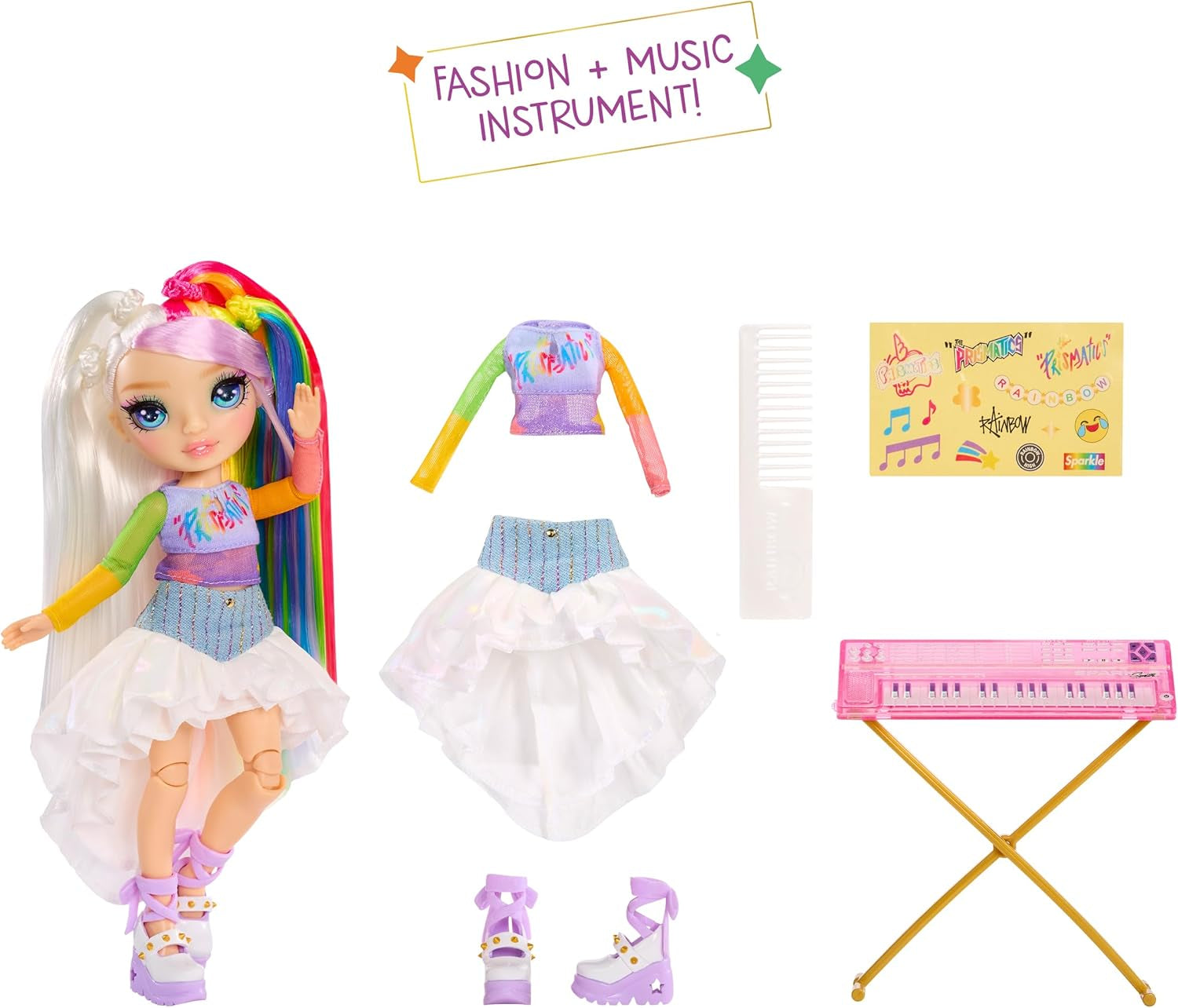 Rainbow High Junior High Rock Band - Amaya, Rainbow Colors - Muñeca de moda de 23 cm con teclado, personalizable con pegatinas, articulado, lindo juguete para niños a partir de 4 años