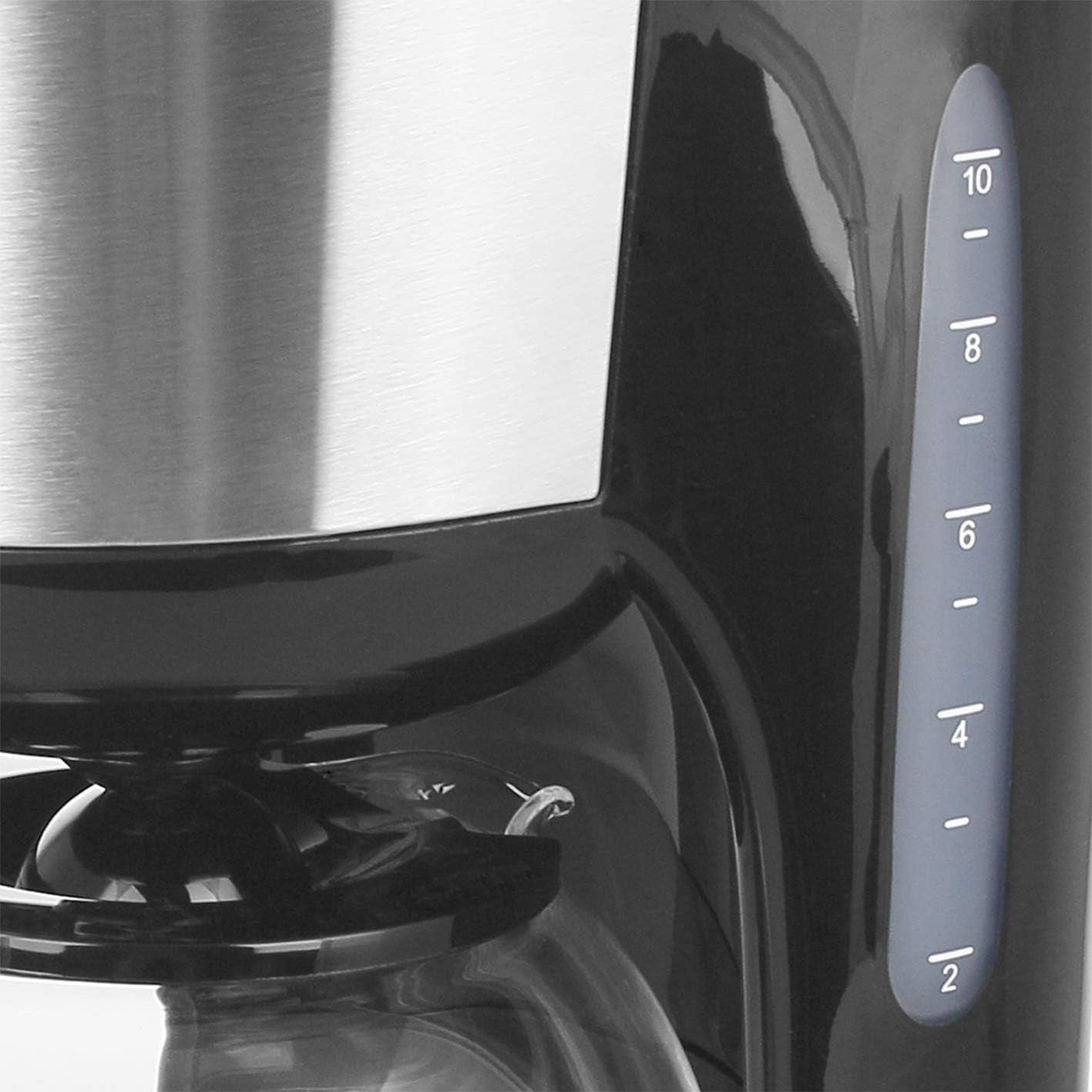 Emerio CME-122933, Cafetera de filtro, 1,25L para hasta 10 tazas de café recién hecho, filtro extraíble permanente, función antigoteo, jarra de cristal, apagado automático, 1000 vatios, negro/plateado