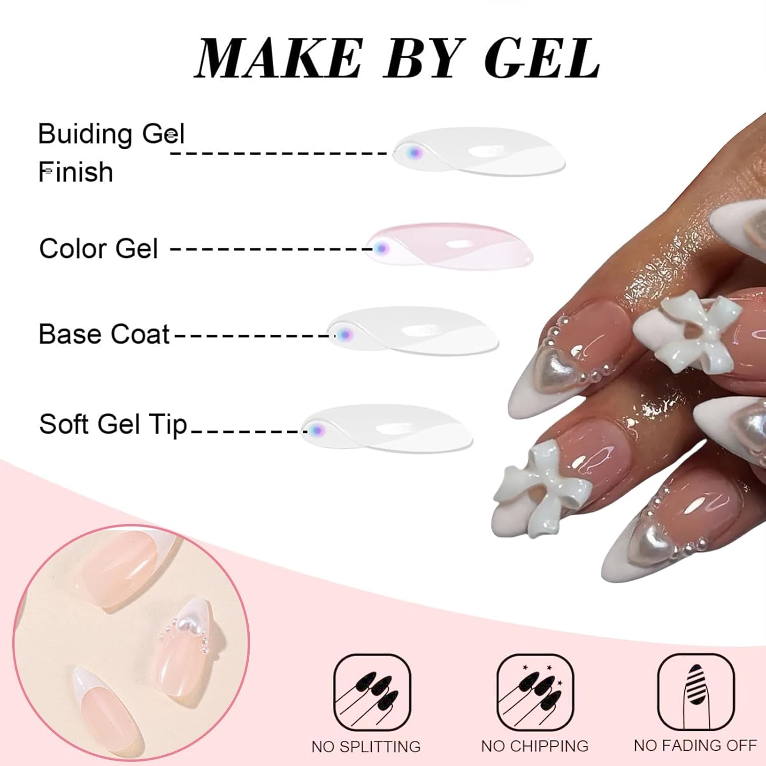 24 Uds. Prensa de almendra blanca sobre uñas francesas con lazos perlas uñas postizas pegamento en puntas de uñas postizas uñas con brillo