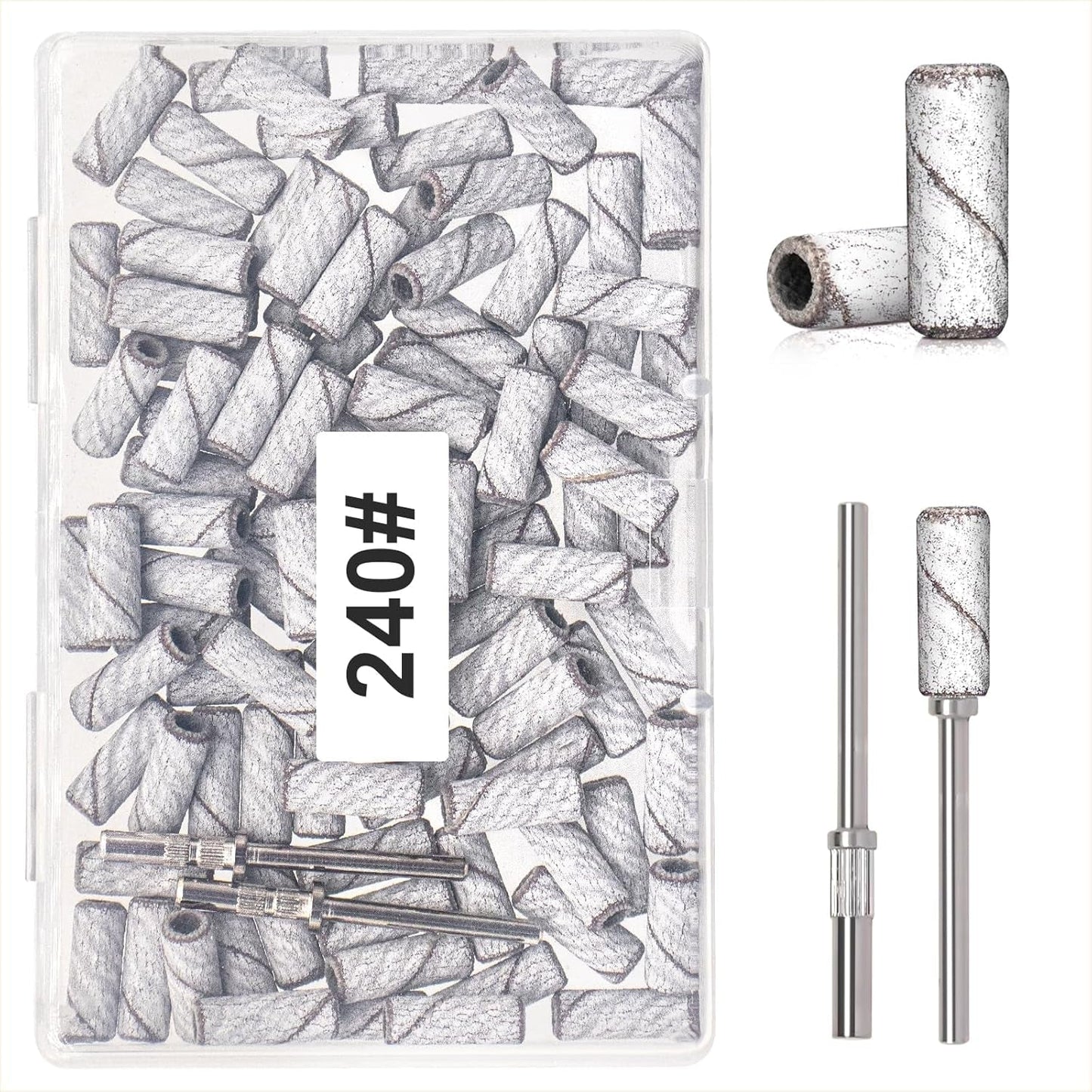 BLESWIN 100 correas de lijado pequeñas para brocas de uñas, grano fino 240 con 2 brocas de 0.118 in, mini correas de lijado para pulir uñas naturales y limpiar cutículas para preparación, rosa