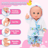 deAO Set de Bañera para Muñecas, Muñeca Interactiva de 33 cm, Baño para Muñecas, Set de Juego para Muñecas con Chupete, Ropa para Muñecas, Albornoz, Pañales para Muñecas, Bañera y Spray de Ducha Funcional