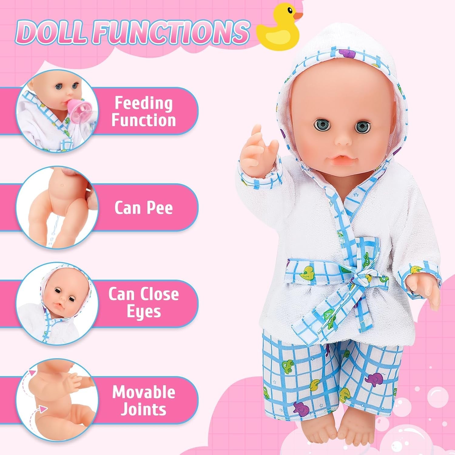 deAO Set de Bañera para Muñecas, Muñeca Interactiva de 33 cm, Baño para Muñecas, Set de Juego para Muñecas con Chupete, Ropa para Muñecas, Albornoz, Pañales para Muñecas, Bañera y Spray de Ducha Funcional