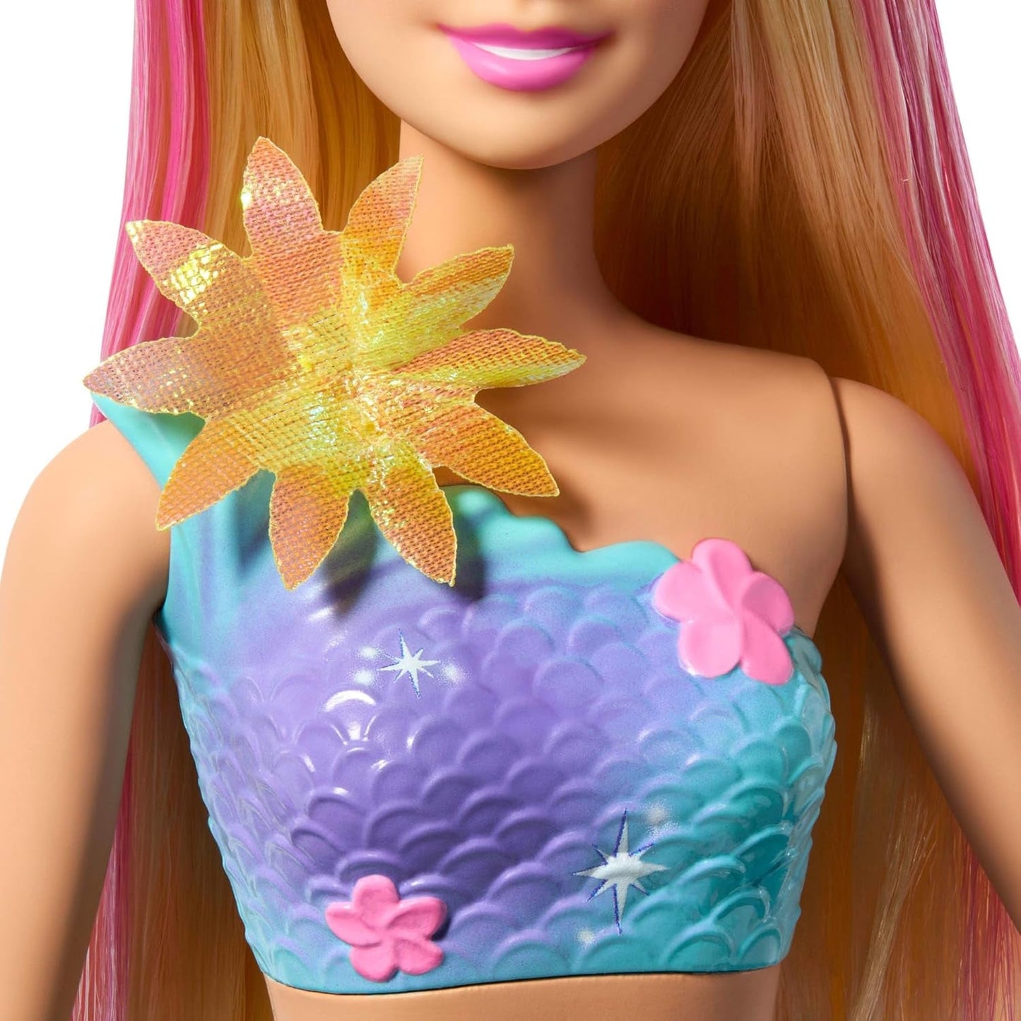 Barbie Meerjungfrauen-Spielzeug Puppe mit magischer Überraschungs Blüte, Schwanzflosse mit Farbverlauf, perlenbesetzten Haarreif und langem blondn Haar mit rosa Strehchen, JDM72