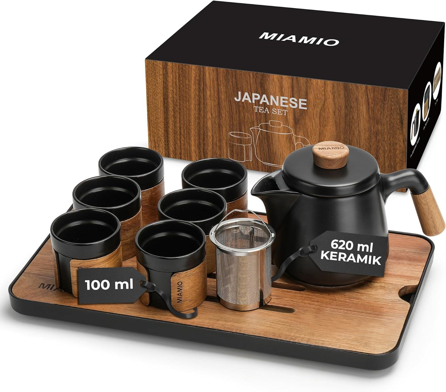 MIAMIO - Juego de Té Japonés/Chino 6 x 100ml / Tetera Asiática 620ml con Infusor de Té, Juego de Tetera Tradicional Japonesa para Amantes del Té/Hombres/Mujeres (Negro)
