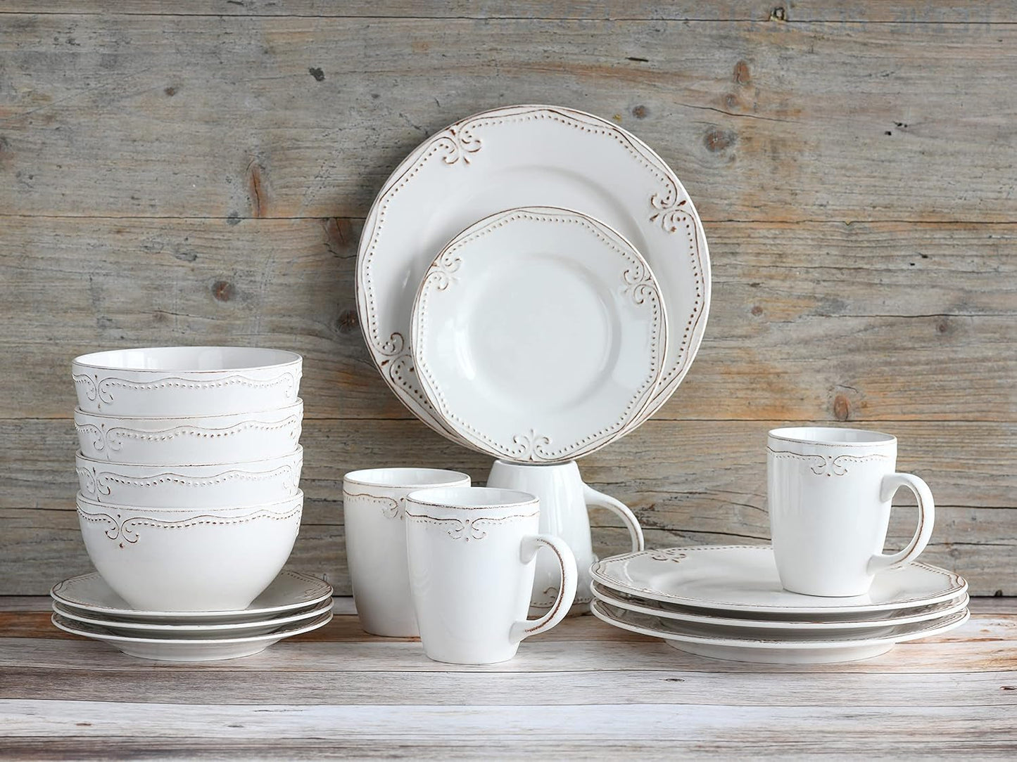 CreaTable, 23601, Serie Romantic Vintage, Vajilla de 16 piezas para 4, Servicio combinado de porcelana, Apto para lavavajillas y microondas, Fabricación de calidad