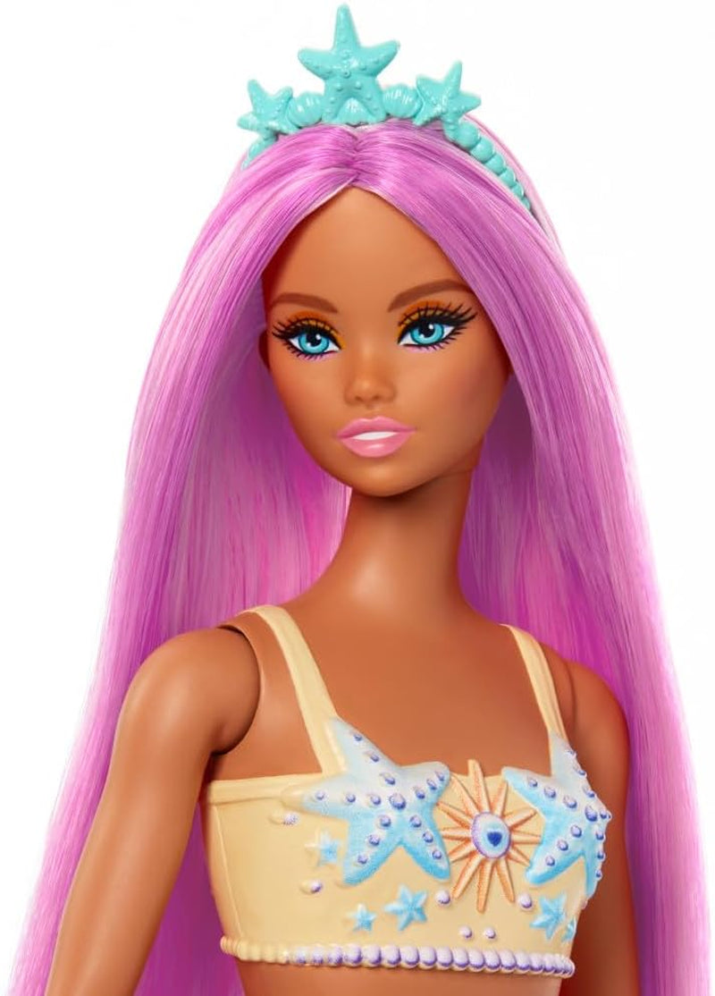 Muñeca Barbie Sirena con elegante cabello rosa y diadema, muñeca con cabeza de estrella de mar y aleta de cola naranja suave, HRR05