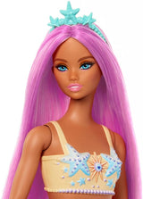 Muñeca Barbie Sirena con elegante cabello rosa y diadema, muñeca con cabeza de estrella de mar y aleta de cola naranja suave, HRR05