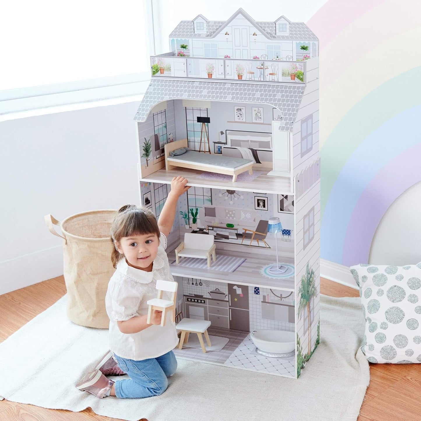 Teamson Kids Olivia's Little World Casa de muñecas gigante con muebles y accesorios, casa de muñecas de madera, juego de 3 niveles para muñecas de 30 cm, a partir de 3 años