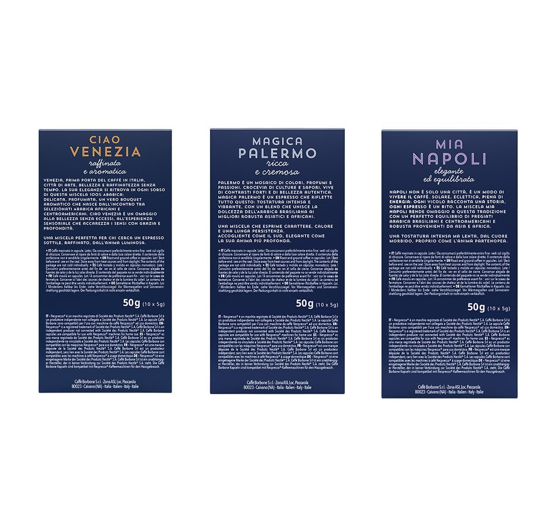 Caffè Borbone Verkostung Kit, 90 Cápsulas de Aluminio: 30 Mia Napoli, 30 Ciao Venezia, 30 Magica Palermo, (3 x 30 Stück) – Compatible con Kaffeemaschinen für den Hausgebrauch de la marca Nespresso®*