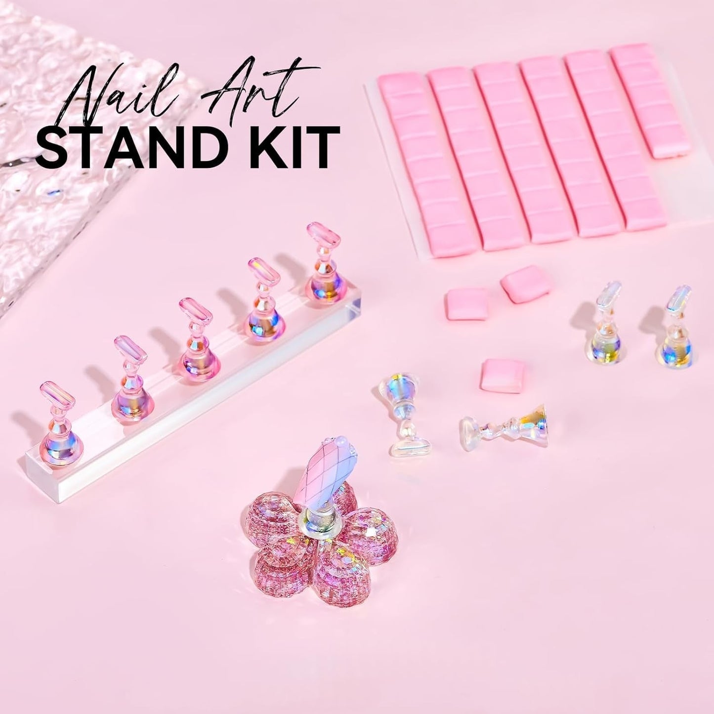Makartt Soporte para uñas acrílico, soporte magnético para uñas, soporte para uñas, soporte para uñas transparente rosa con 48 masillas adhesivas