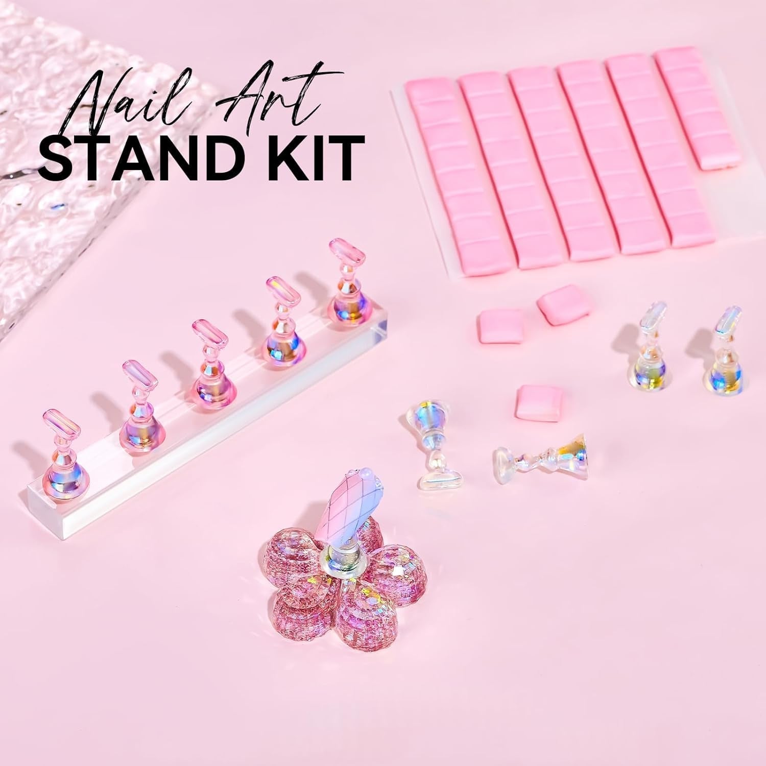 Makartt Soporte para uñas acrílico, soporte magnético para uñas, soporte para uñas, soporte para uñas transparente rosa con 48 masillas adhesivas
