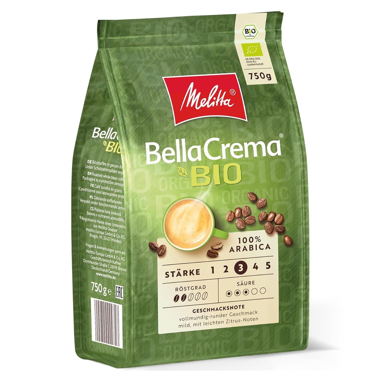 Melitta BellaCrema Café en grano entero orgánico, sin moler, café en grano para cafeteras automáticas, tostado ligero, tostado en Alemania, concentración 3, 750 g