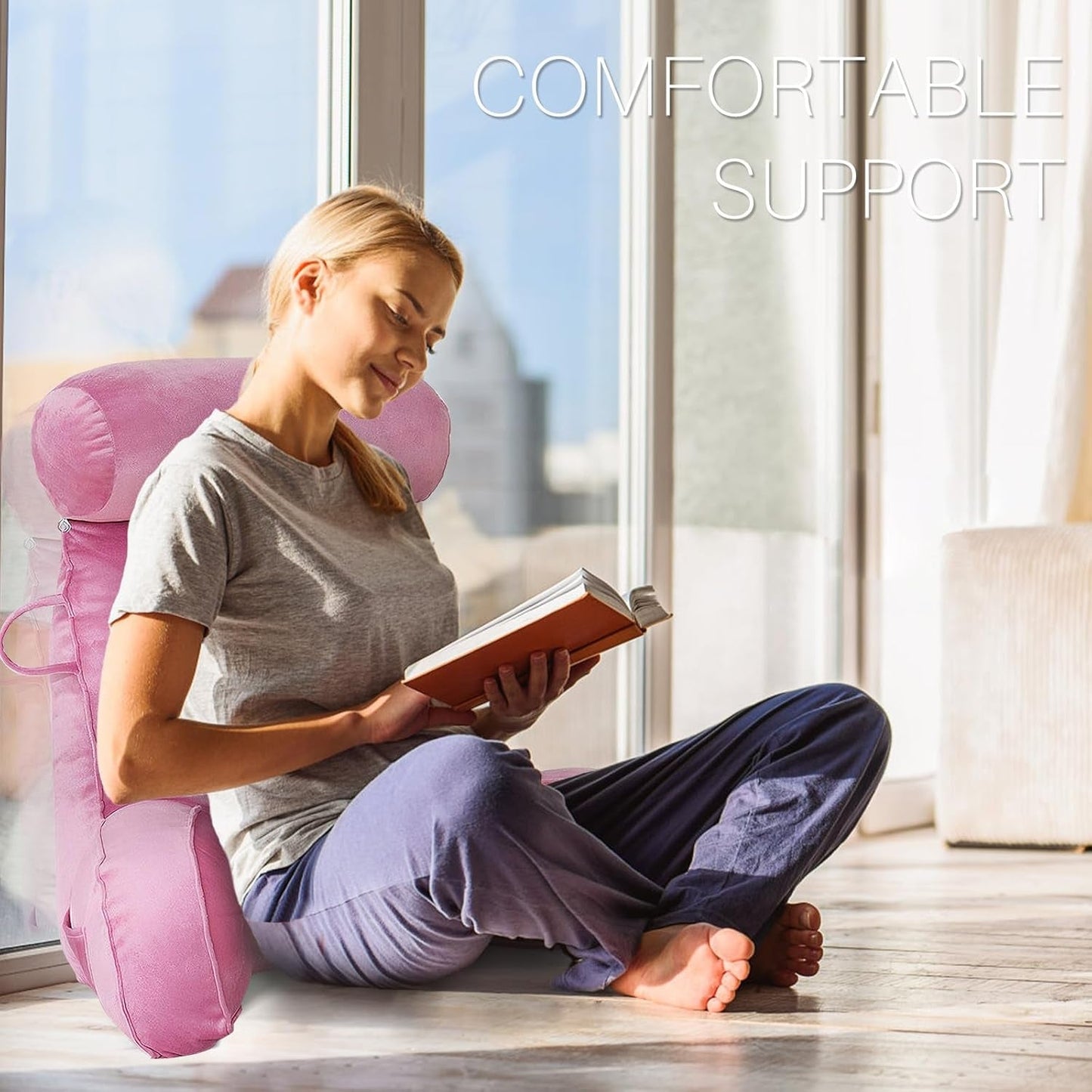 Almohada de lectura XL para cama y sofá con rollo para el cuello desmontable, almohada de espalda ideal para adultos con espuma viscoelástica para leer cómodamente, trabajar, jugar, mirar televisión, relajarse (rosa)