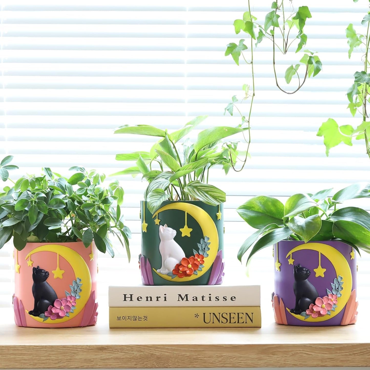 GUGUGO Lindas macetas para gatos con forma de luna, maceta única con drenaje, colores del arco iris, macetas pequeñas para plantas de interior, divertidas macetas de jardín suculentas, regalo, decoración del hogar (C)