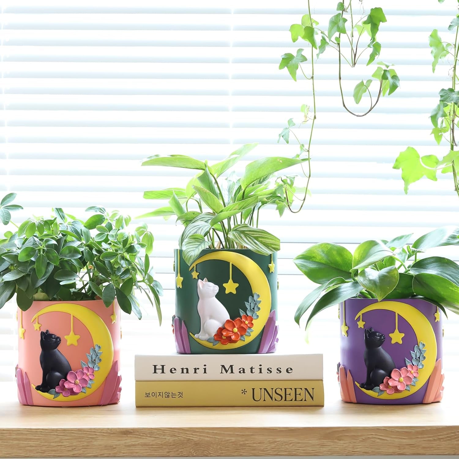 GUGUGO Lindas macetas para gatos con forma de luna, maceta única con drenaje, colores del arco iris, macetas pequeñas para plantas de interior, divertidas macetas de jardín suculentas, regalo, decoración del hogar (C)