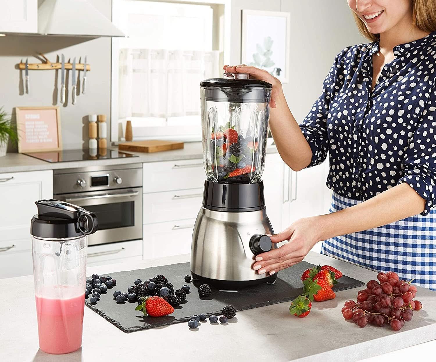 Russell Hobbs Batidora con base 2 en 1 [batidora con vaso de vidrio de 1,5 l y mini batidora de 0,6 l - To-Go-Trinkflasche Inkl. Deckel] Spülmaschinenfest, Función Impuls-/Ice-Crush, Becher BPA Frei, Edelstahl 23821-56 Cocina Naty Shop