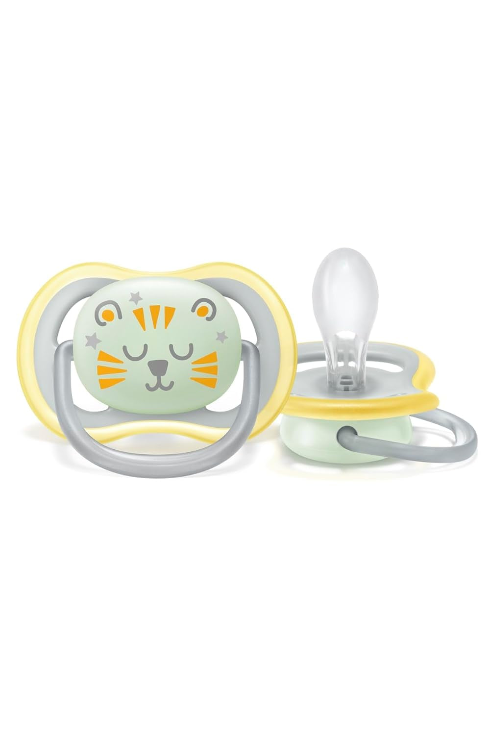 Chupete nocturno Philips AVENT Ultra Air para bebés de más de 18 meses que brilla en la oscuridad, paquete doble Nube/Tigre (modelo SCF376/01)
