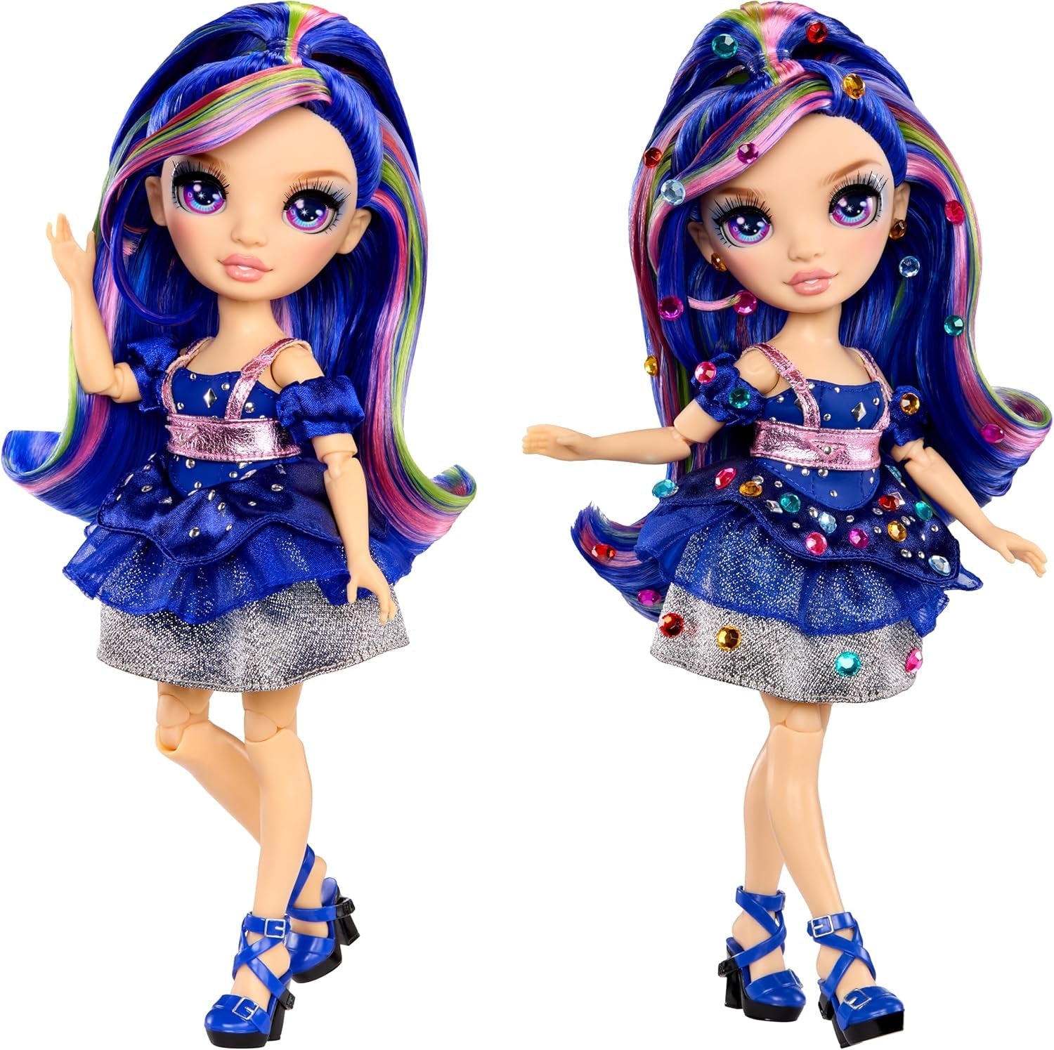 Rainbow High Be Dazzling - Genevieve Bleue - Muñeca de moda azul de 28 cm con herramienta de adorno, piedras preciosas brillantes y accesorios de peinado