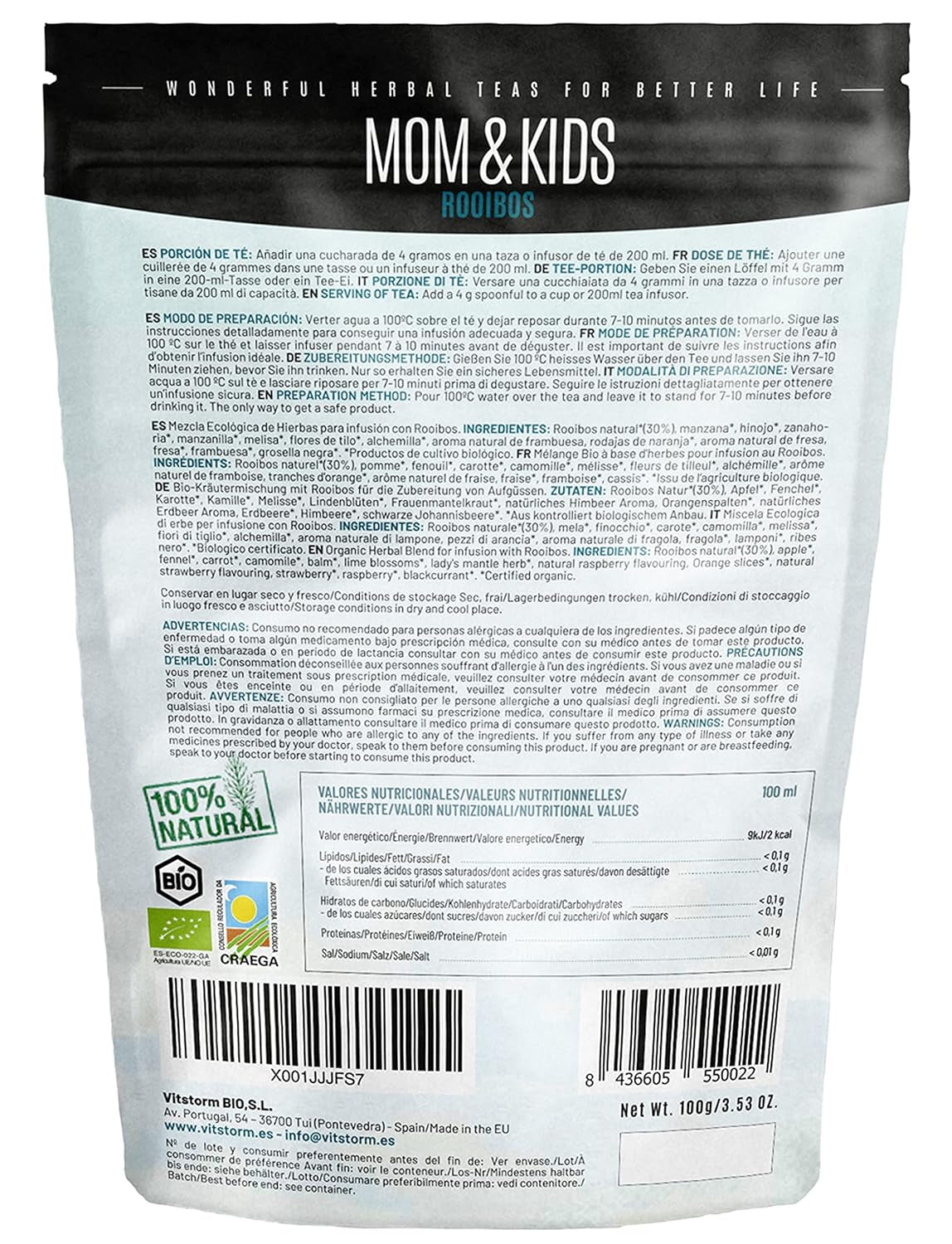 VITSTORM® BIO TEE Mom & Kids - Té para mujeres y lactancia - Rooibos, manzana, hinojo, melisa, alquimilla, fresa - Té relajante - Afrutado y delicioso - Sin cafeína - Té de hierbas 100 g