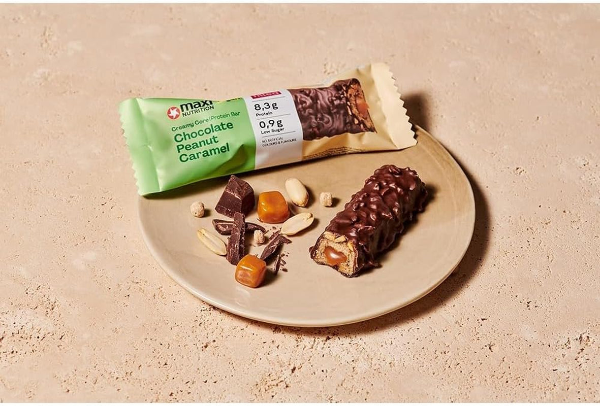 MaxiNutrition Barrita proteica vegana cremosa con chocolate, cacahuetes y caramelo 12x45g - barrita proteica vegana, 18% de proteína, 8,3 g por barrita, bajo contenido en azúcar (0,9 g), sin azúcar añadido, sin aromas artificiales