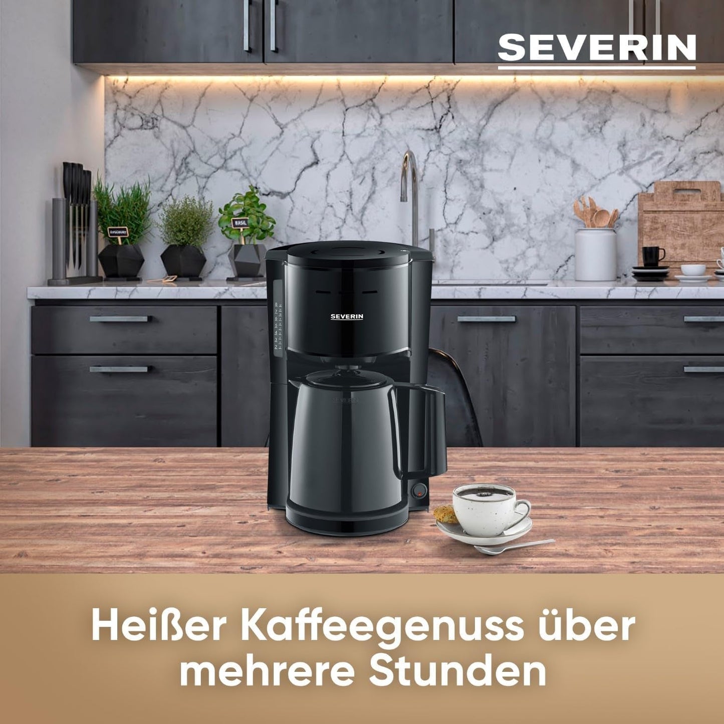 SEVERIN Cafetera de filtro con jarra térmica, cafetera de hasta 8 tazas, atractiva cafetera de filtro con jarra aislada, negra, 1 litro, KA 9306