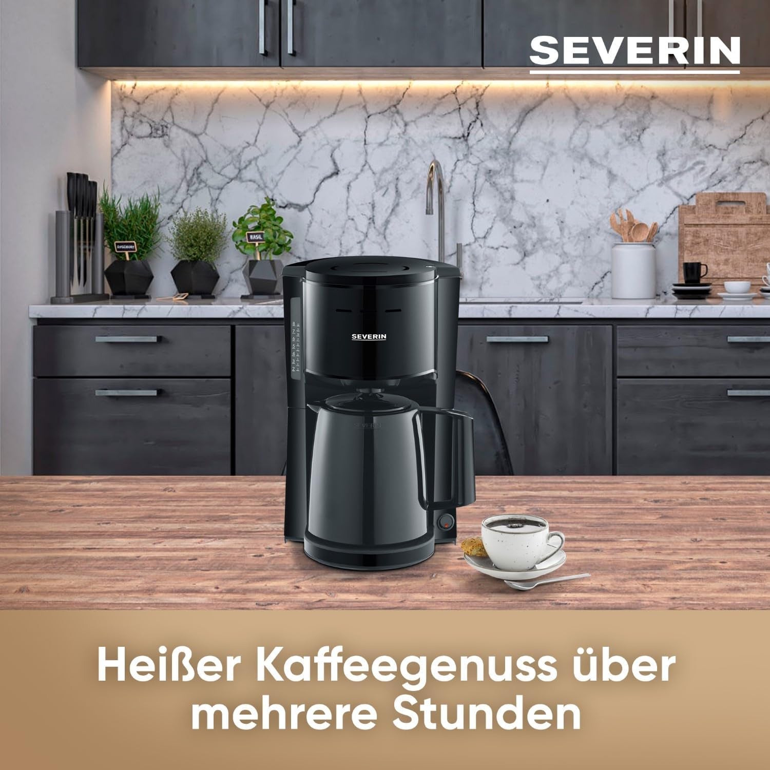SEVERIN Cafetera de filtro con jarra térmica, cafetera de hasta 8 tazas, atractiva cafetera de filtro con jarra aislada, negra, 1 litro, KA 9306