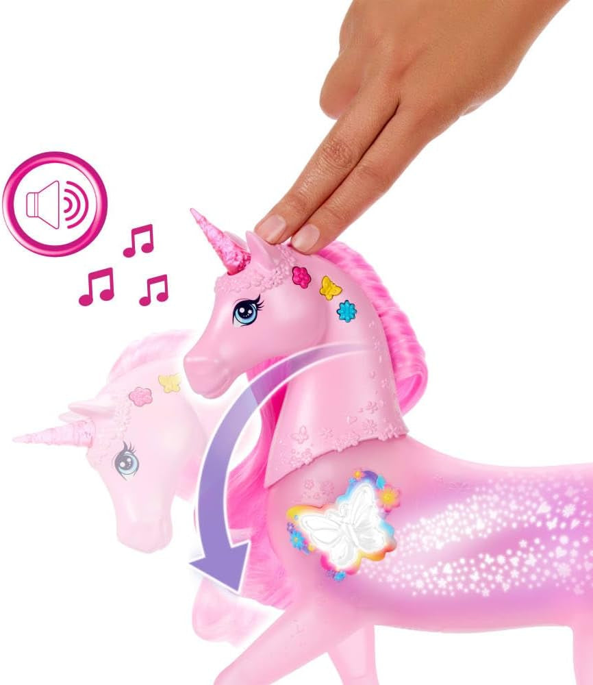 Barbie unicornio que brilla en la oscuridad con 20 combinaciones interactivas de efectos de luz, sonido y música para jugar con presionar un botón y acariciar la cabeza, JCP78