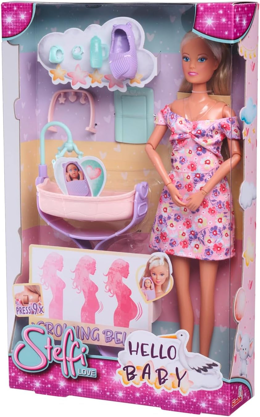 Simba 105733680 Steffi LOVE Doll Hello Baby (29 Cm) - Muñeca de juego embarazada con barriga en crecimiento, muñeco y accesorios - Juguete infantil para niñas y niños a partir de 3 años, negro Muñecas Naty Shop